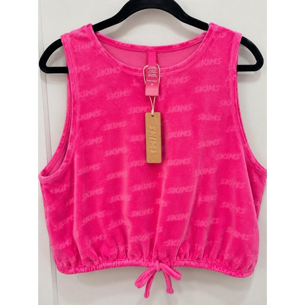 Skims Monogram Velour Sleep Tank Hot Pink Logo Cropped Lounge Top 4X NWT